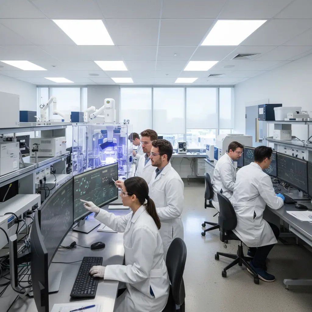 Researchers examining cellular data in a modern laboratory